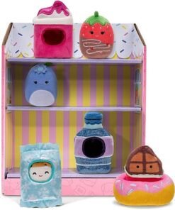 Squishville SQM0551 - Snackautomat, Vier 5cm Mini-Squishmallows Plüschfiguren und Vier Zubehörteile im Snackautomat