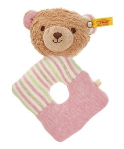 Steiff 242175 Teddybär Rosy, Babygreifring 15 cm, Plüsch Greifring für Babys & Kleinkinder, GOTS Plüschtier, hellbraun rosa