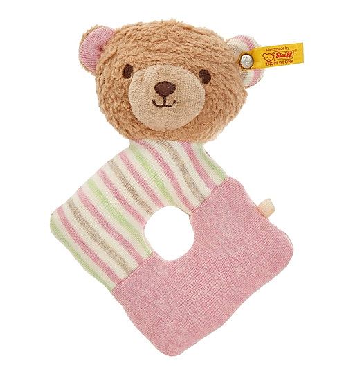 Steiff 242175 Teddybär Rosy, Babygreifring 15 cm, Plüsch Greifring für Babys & Kleinkinder, GOTS Plüschtier, hellbraun rosa