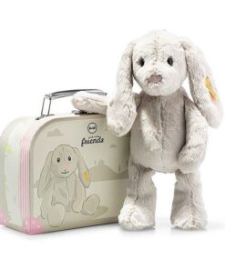 Steiff Kuscheltier Hase Hoppie im Koffer, Süßes Stofftier, Jungen, Mädchen & Babys ab 0 Monaten, Soft Cuddly Friends Hase, Plüschtier 26 cm, Hellgrau, 080968