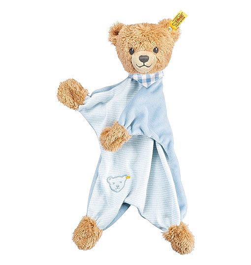 Steiff Schlaf Gut Bär Schmusetuch - 30 cm - Kuscheltuch Teddybär - Schmusetier für Babys - beige blau 239588, Medium